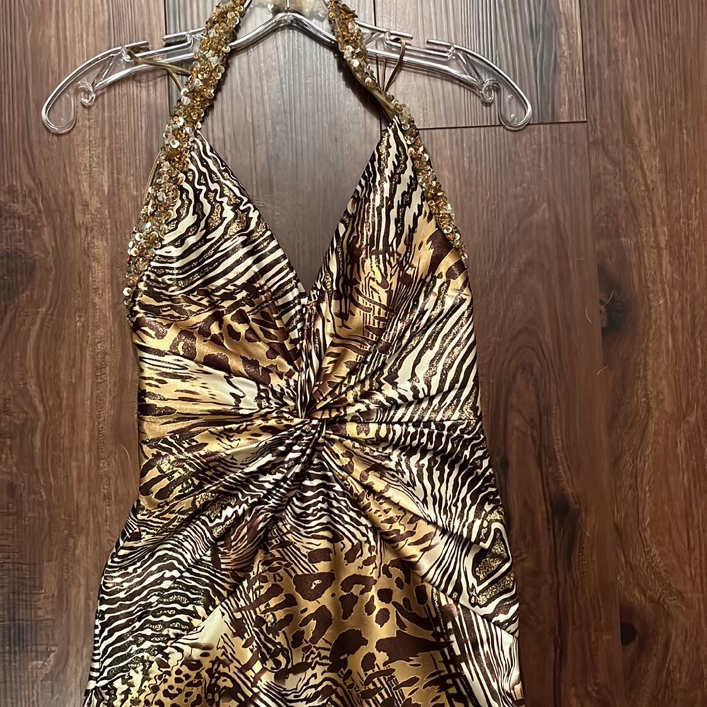 Faviana couture halter animal print dress